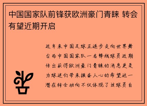 中国国家队前锋获欧洲豪门青睐 转会有望近期开启
